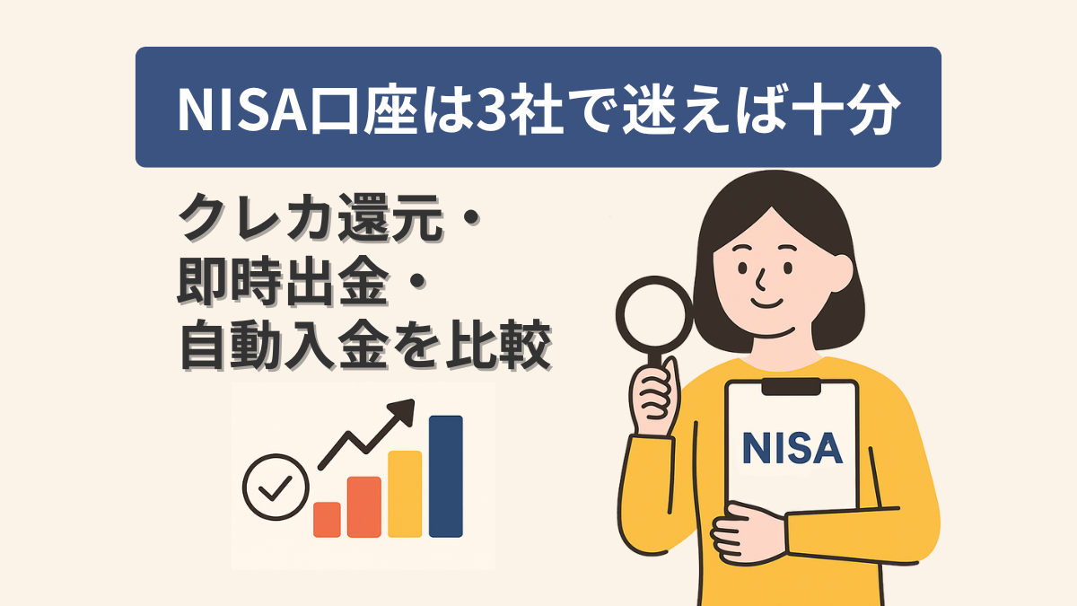 NISA口座を比較する女性のイラストとチェックマーク付きグラフ。クレカ還元・即時出金・自動入金の3ポイントを比較。